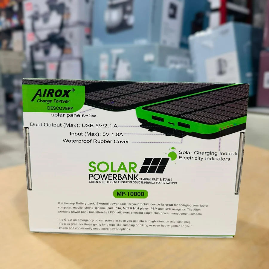 Airox 10000mAh Solar Power Bank – Dual Charging with Sun & Cable | AwamiImport.com
