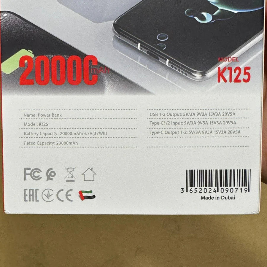 125W Lithium Power Bank 20000mAh K125 – Ultra-Fast Charging | AwamiImport.com