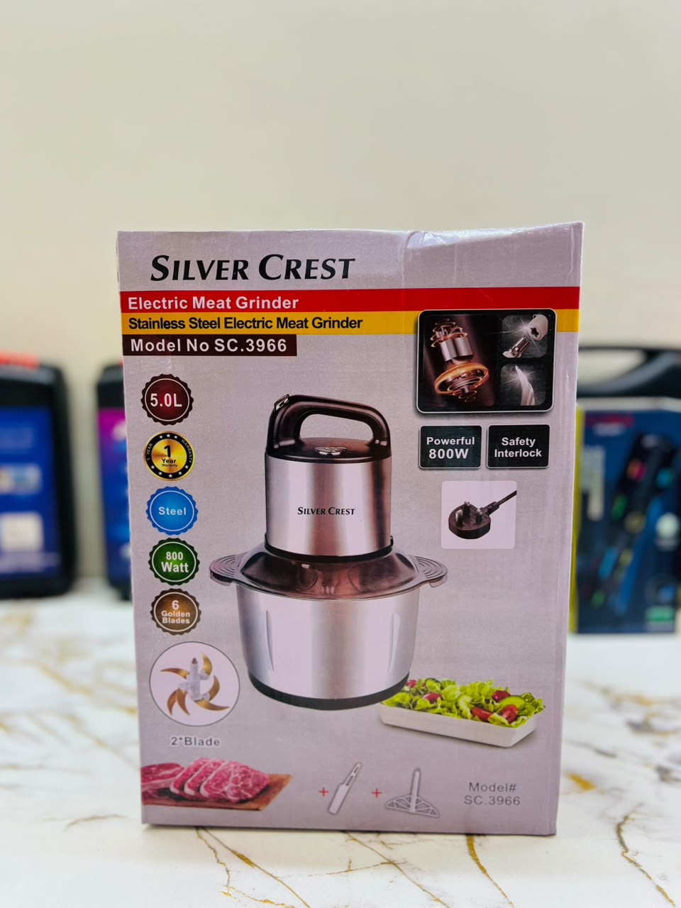 Silver Crest SC-3966 5L Stainless Steel Electric Meat Grinder – 6 Golden Blades, Safety Interlock & 1-Year Warranty