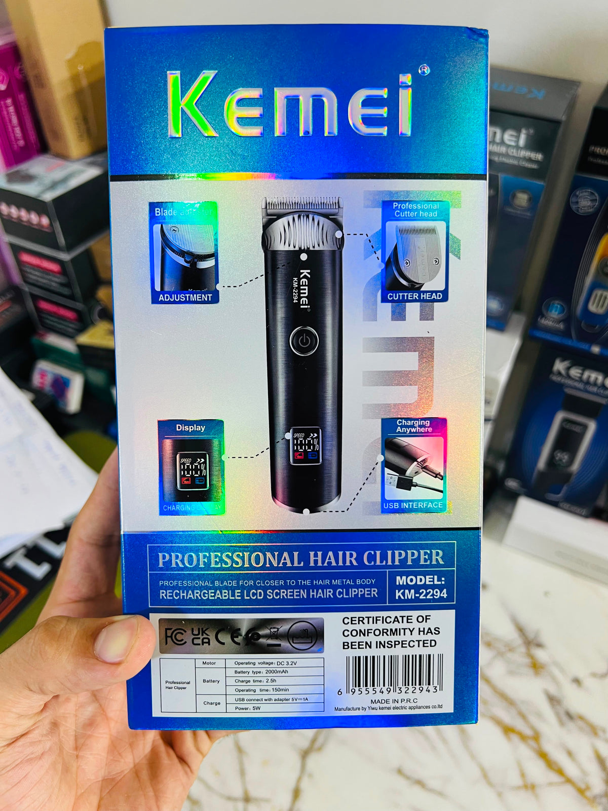 KEMEI KM-2294 Metal Body Digital Display Hair Trimmer – 7800RPM with 4mm, 8mm, 12mm,Combs 16mm & 20mm