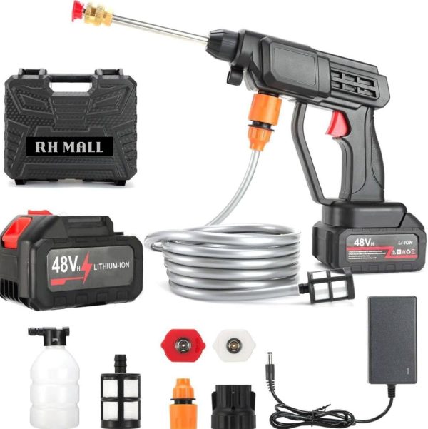 Cordless Car Wash Spray Gun with 2×48V Lithium Batteries – High Pressure Foam Jet Washer with Charger & Soap Bottle | AwamiImport.com