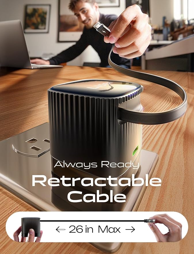 ⚡ LISEN 45W Retractable USB-C Fast Charger – Dual Port Power Block