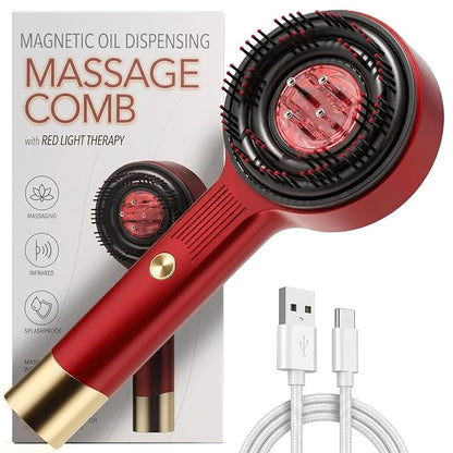 Magnetic Oil Dispensing Massage Comb with Red Light Therapy | Splashproof Scalp Massager for Hair Care