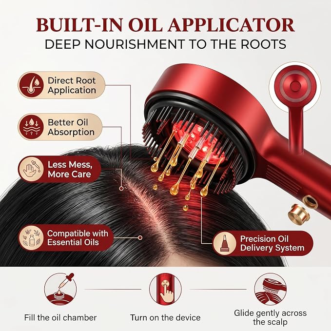 Magnetic Oil Dispensing Massage Comb with Red Light Therapy | Splashproof Scalp Massager for Hair Care