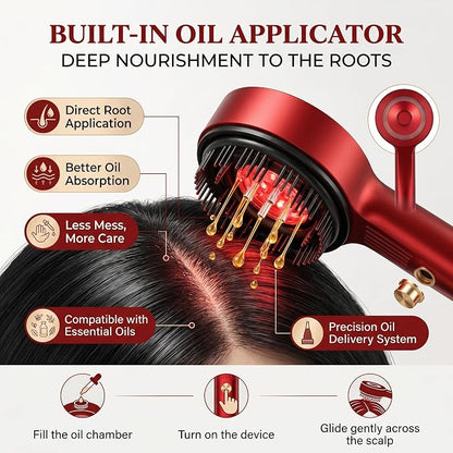 Magnetic Oil Dispensing Massage Comb with Red Light Therapy | Splashproof Scalp Massager for Hair Care