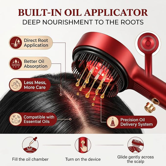 Magnetic Oil Dispensing Massage Comb with Red Light Therapy | Splashproof Scalp Massager for Hair Care