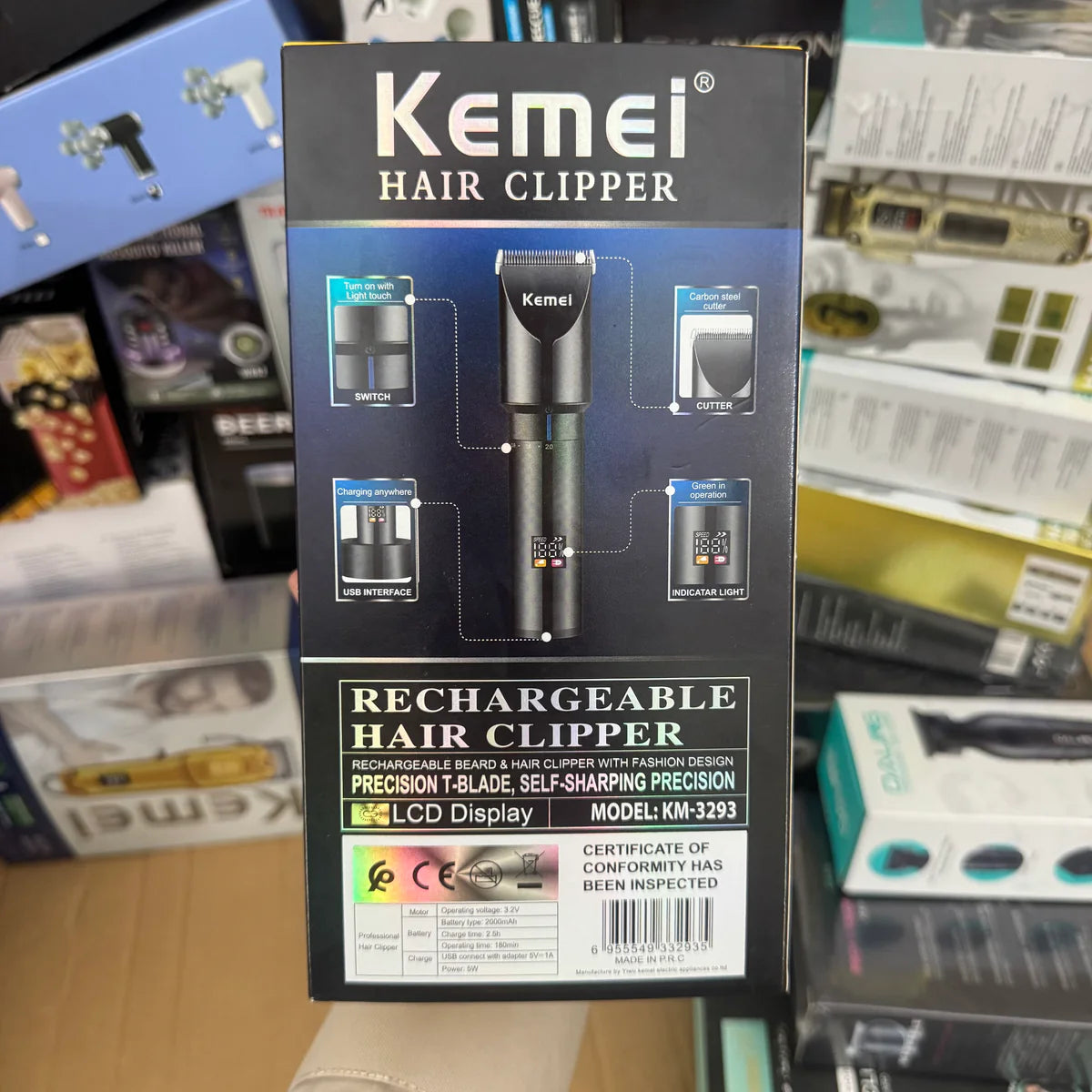 KEMEI KM3293 Metal Body Digital Display Hair Trimmer – 6800RPM with 3mm, 6mm, 9mm & 12mm Guide Combs