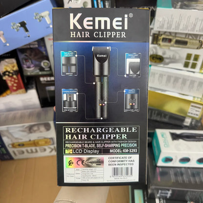KEMEI KM3293 Metal Body Digital Display Hair Trimmer – 6800RPM with 3mm, 6mm, 9mm & 12mm Guide Combs