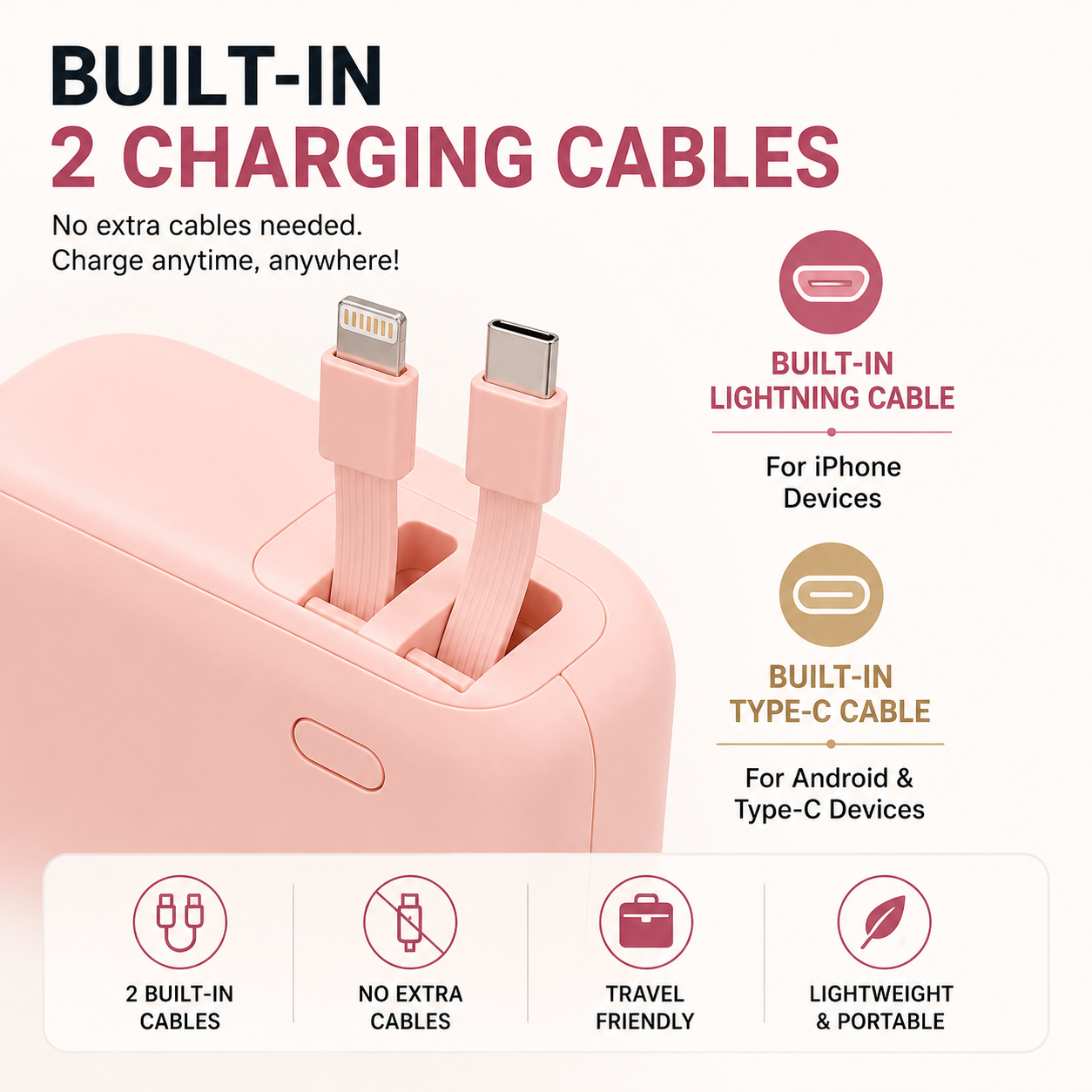 10,000mAh Mini Fast Charging Power Bank – Built-in Lightning & Type-C Cables | Pocket Size