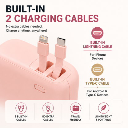 10,000mAh Mini Fast Charging Power Bank – Built-in Lightning & Type-C Cables | Pocket Size