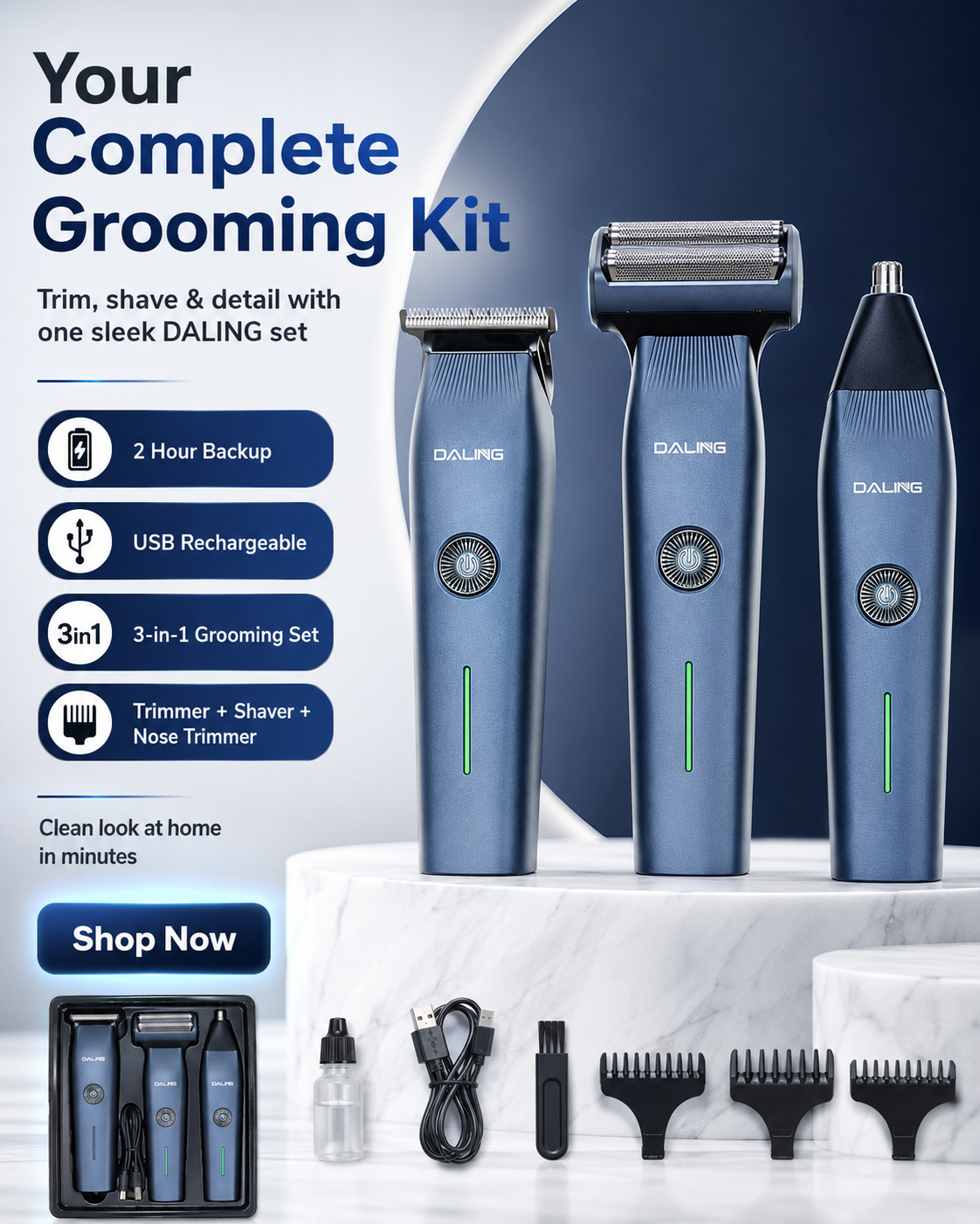 Daling DL-9218 3-in-1 Rechargeable Hair Clipper & Shaver – Compact & Powerful