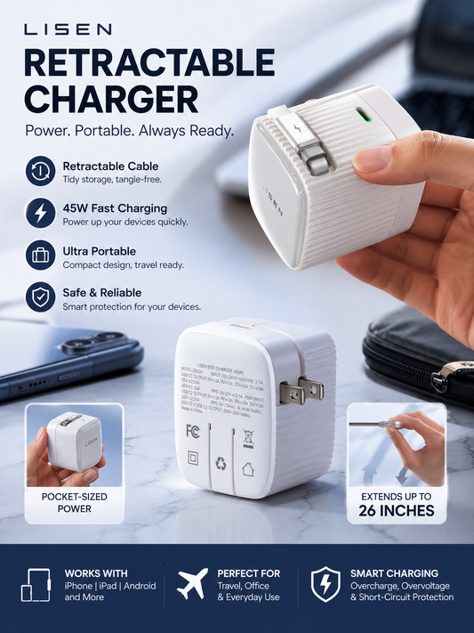 ⚡ LISEN 45W Retractable USB-C Fast Charger – Dual Port Power Block