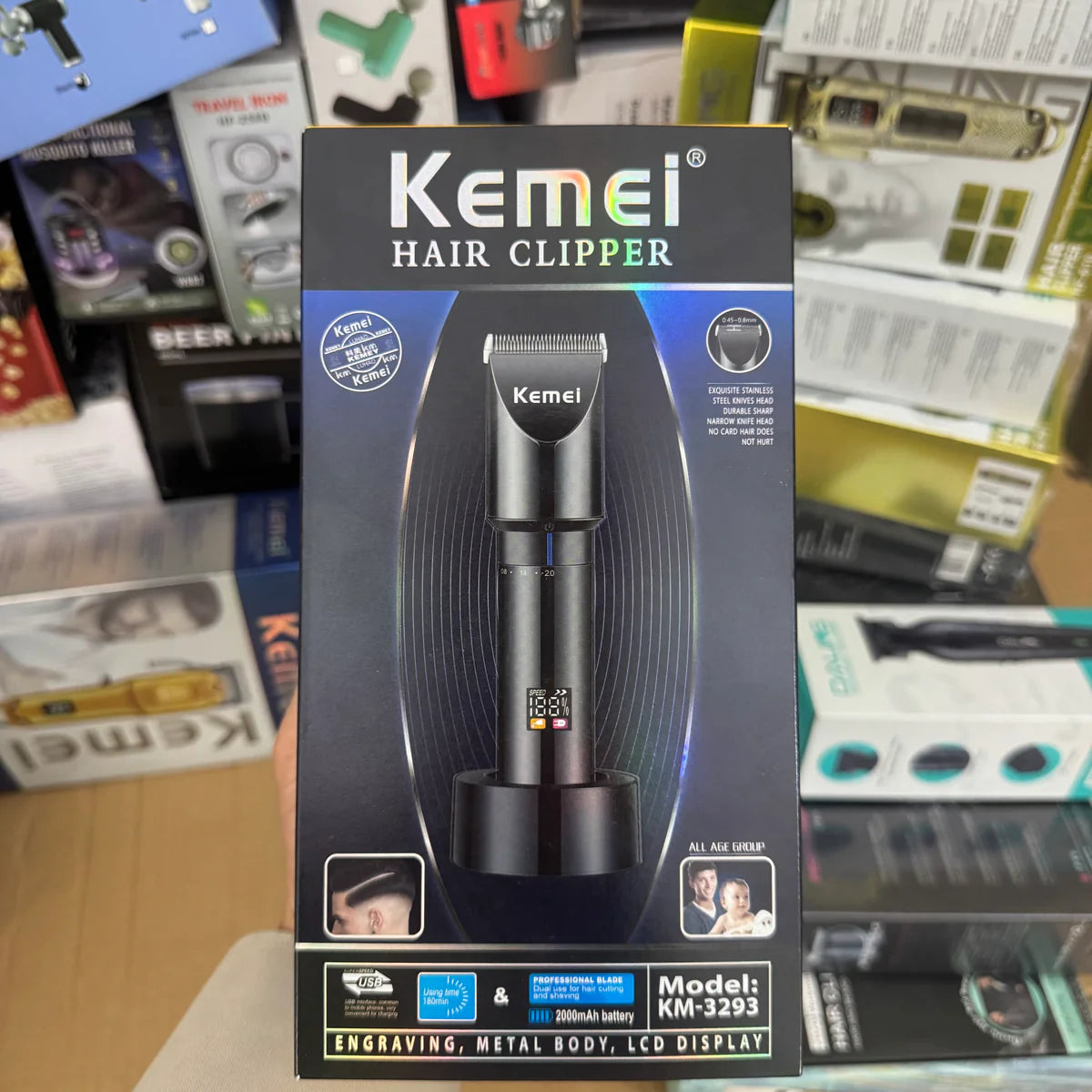 KEMEI KM3293 Metal Body Digital Display Hair Trimmer – 6800RPM with 3mm, 6mm, 9mm & 12mm Guide Combs