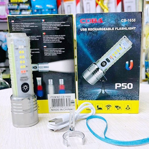 Coba CB-1658 Mini LED Torch – USB Rechargeable Zoom Flashlight with Multiple Modes