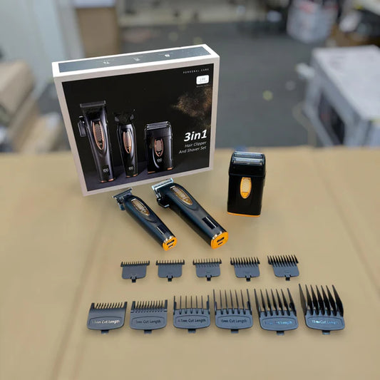 Professional High Motor 929 3-in-3 Grooming Kit – Hair Clipper+Shaver (Black Gold)