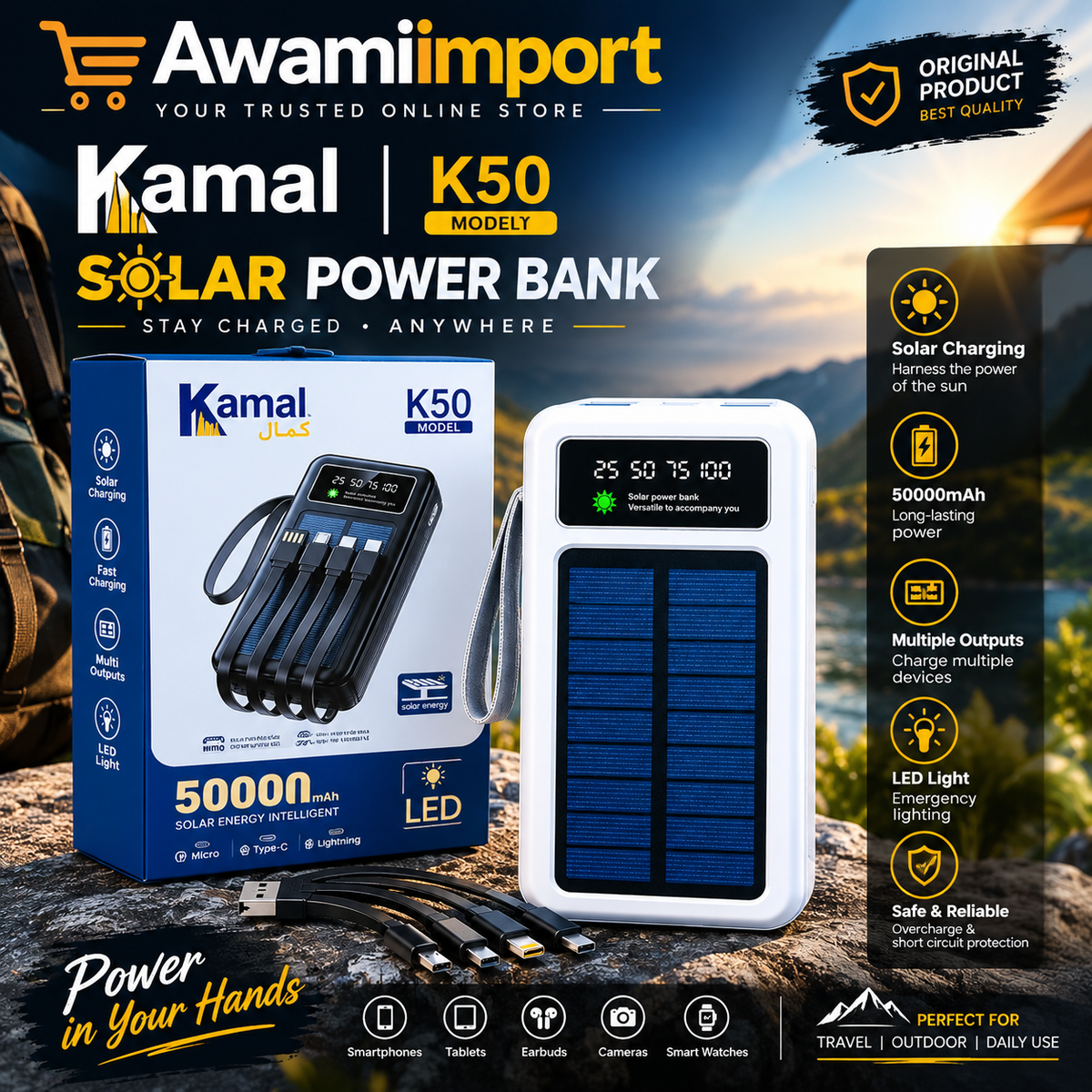 KAMAL K50 50000mAh Solar Energy Intelligent Portable Power Bank