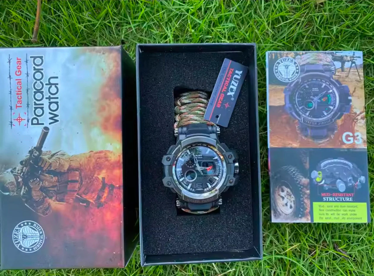 Russian G-3 Yuzex 6-in-1 Outdoor Survival Paracord Watch – Waterproof Military Survival Bracelet with Compass, Fire Starter & Whistle