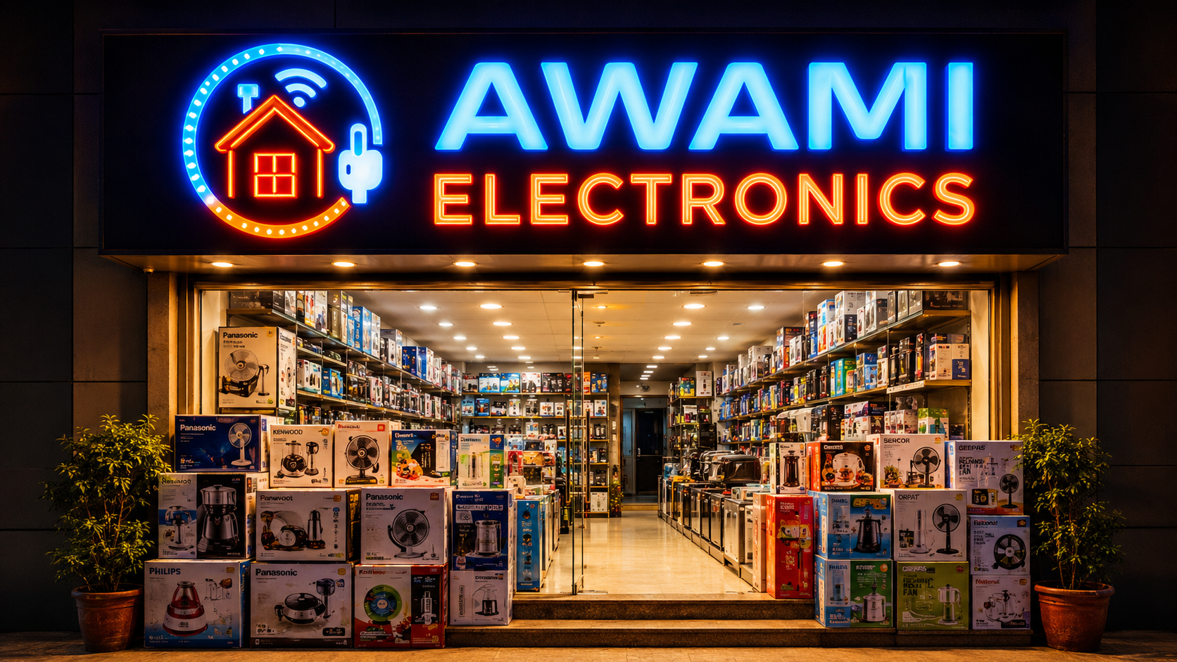 A storefront sign reading "AWAMI ELECTRONICS" in glowing blue and orange lettering, with shelves of boxed electronics inside and stacks of product boxes displayed outside on both sides.