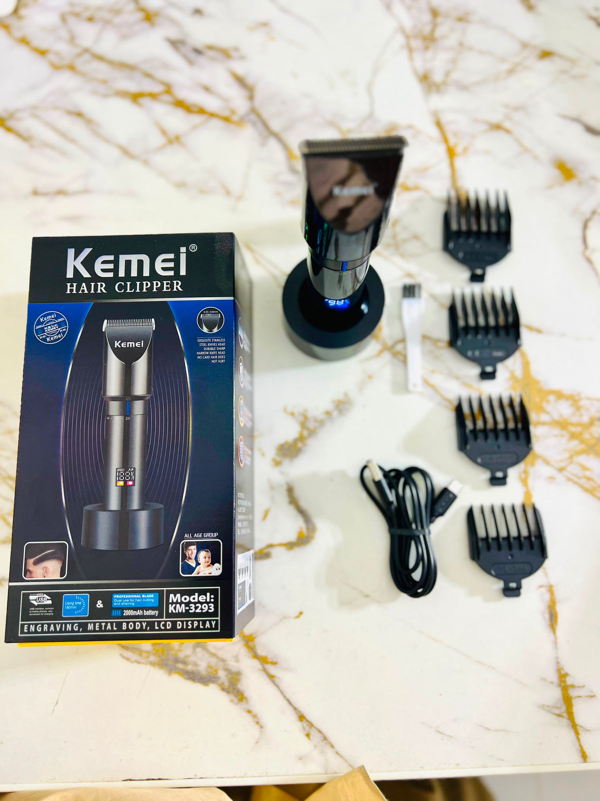 KEMEI KM3293 Metal Body Digital Display Hair Trimmer – 6800RPM with 3mm, 6mm, 9mm & 12mm Guide Combs
