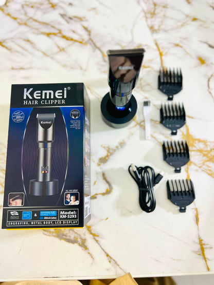 KEMEI KM3293 Metal Body Digital Display Hair Trimmer – 6800RPM with 3mm, 6mm, 9mm & 12mm Guide Combs