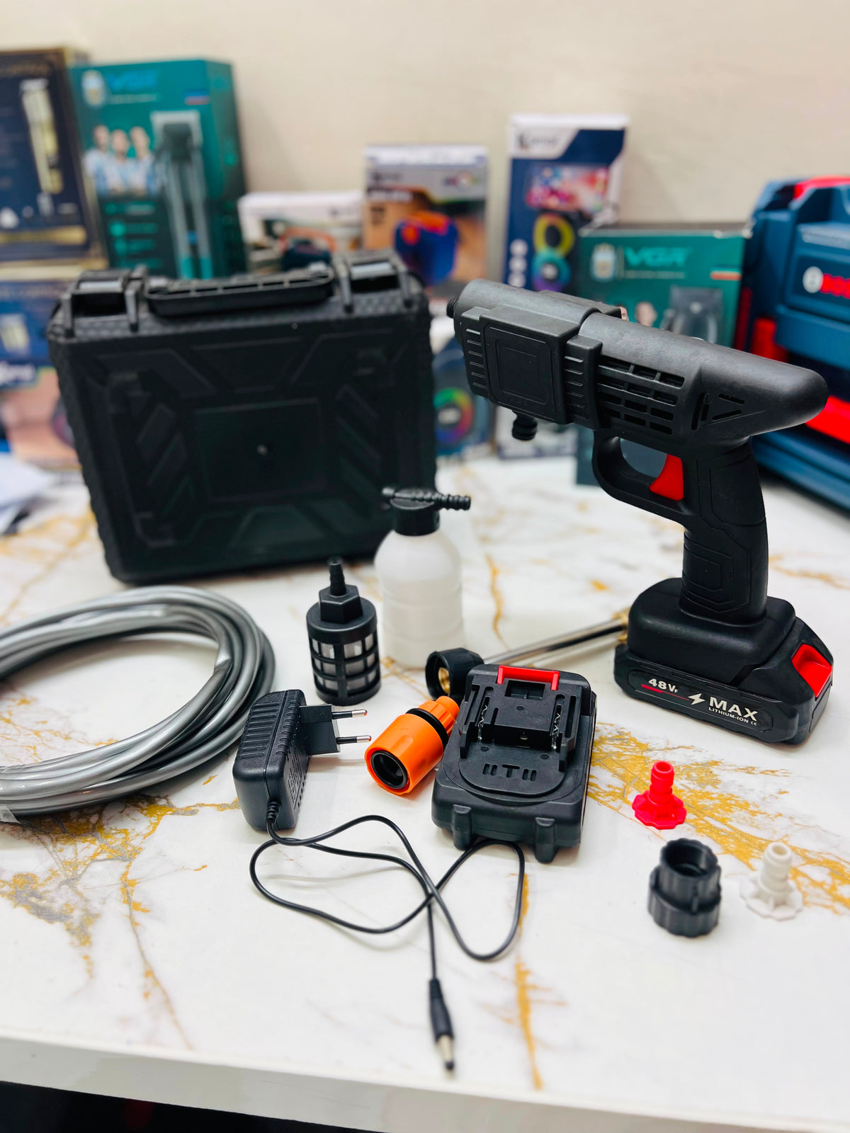 Cordless Car Wash Spray Gun with 2×48V Lithium Batteries – High Pressure Foam Jet Washer with Charger & Soap Bottle | AwamiImport.com