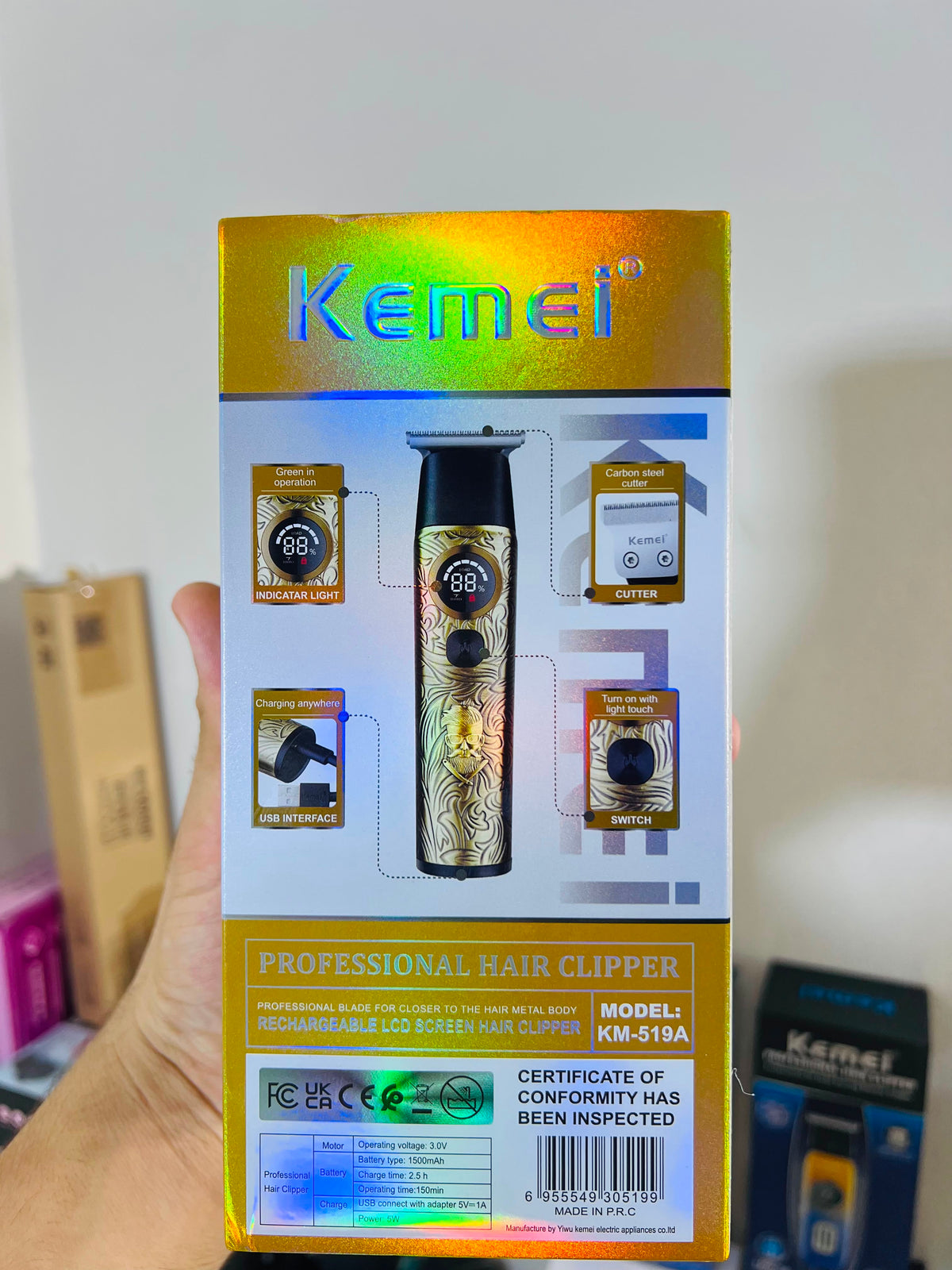 KEMEI KM-519A Dazzling Color Digital Display Hair Trimmer – 7200RPM with 1mm, 2mm & 3mm Combs