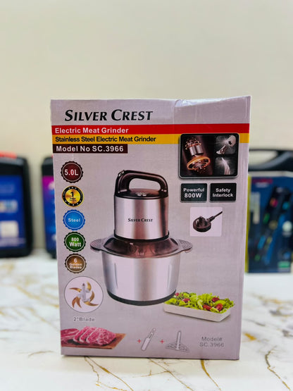 Silver Crest SC-3966 5L Stainless Steel Electric Meat Grinder – 6 Golden Blades, Safety Interlock & 1-Year Warranty