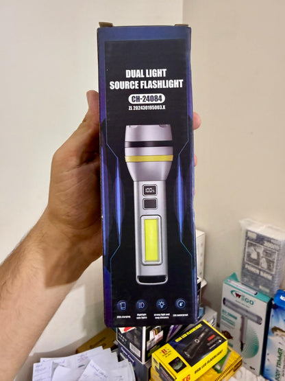 Dual Light Source Torch CH-24084 – Rechargeable High Power Flashlight with Battery Display & Side Light