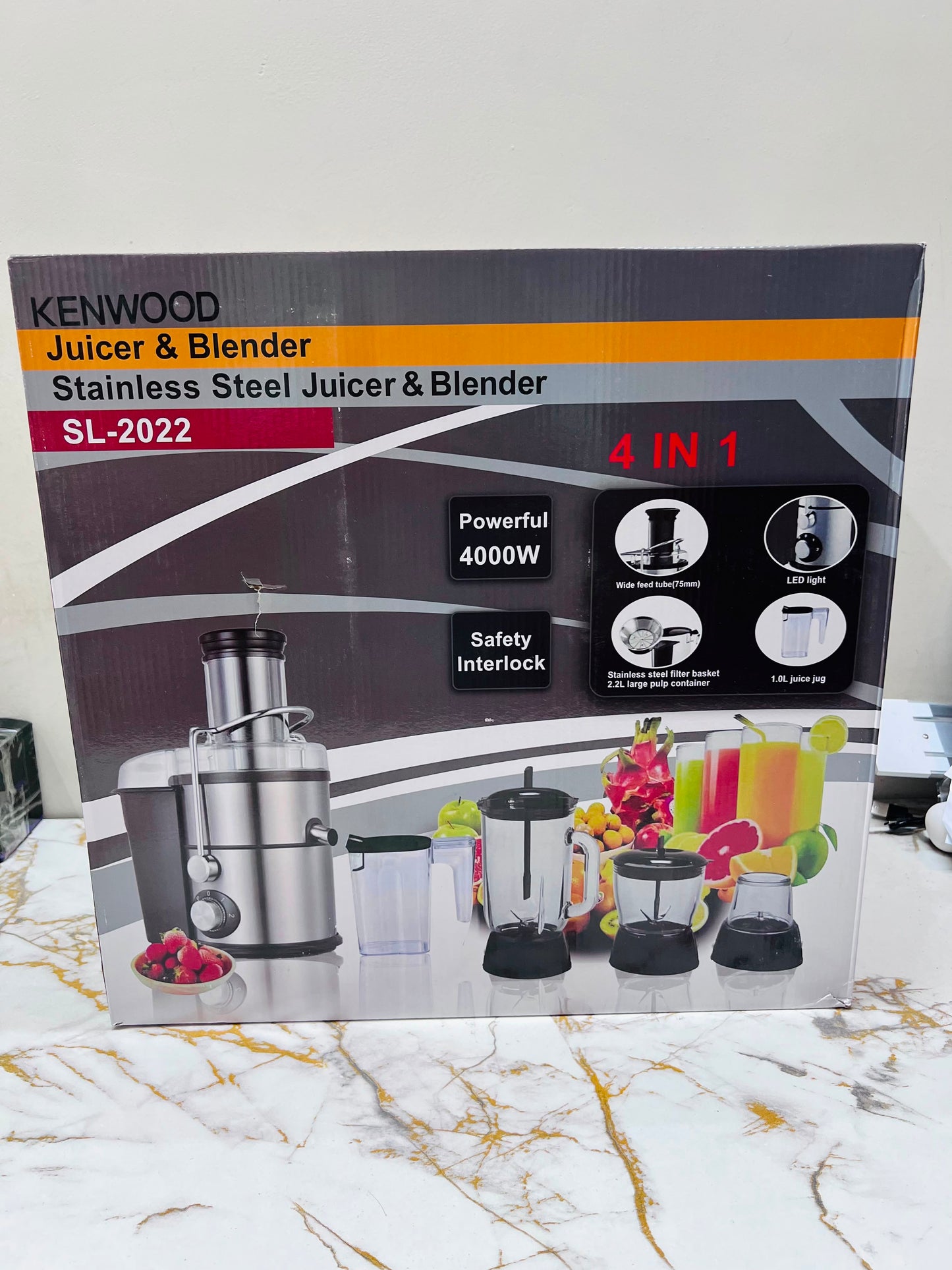 Kenwood SL-2022 4-in-1 Juicer Blender – 4000W, Stainless Steel, Glass Jug, Grinder & Chopper