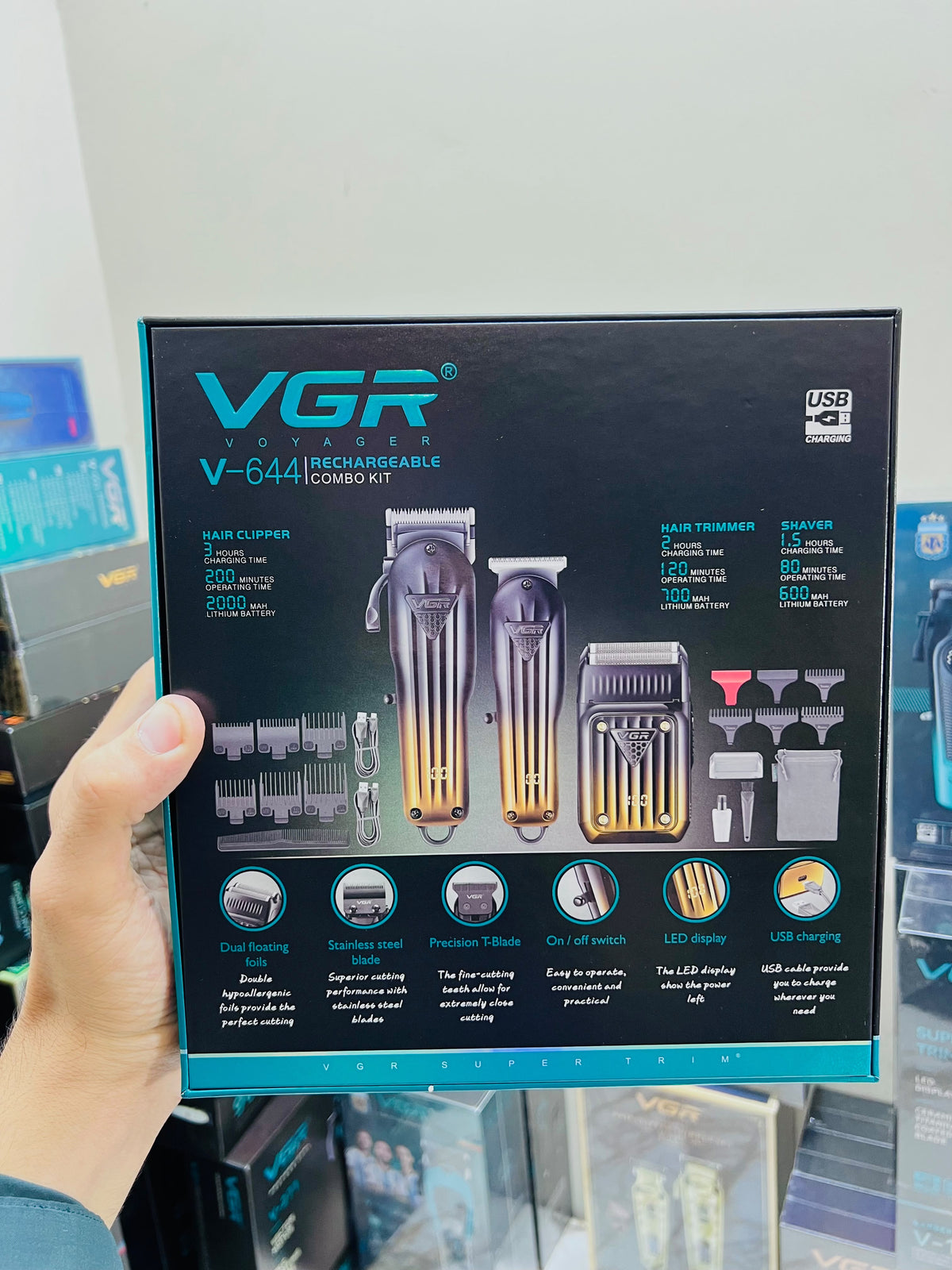 VGR Voyager V-644 3-in-3 Rechargeable Grooming Kit – Foil Shaver, T-Blade Trimmer & Precision Groomer|🇦🇷ARGENTINA LOT