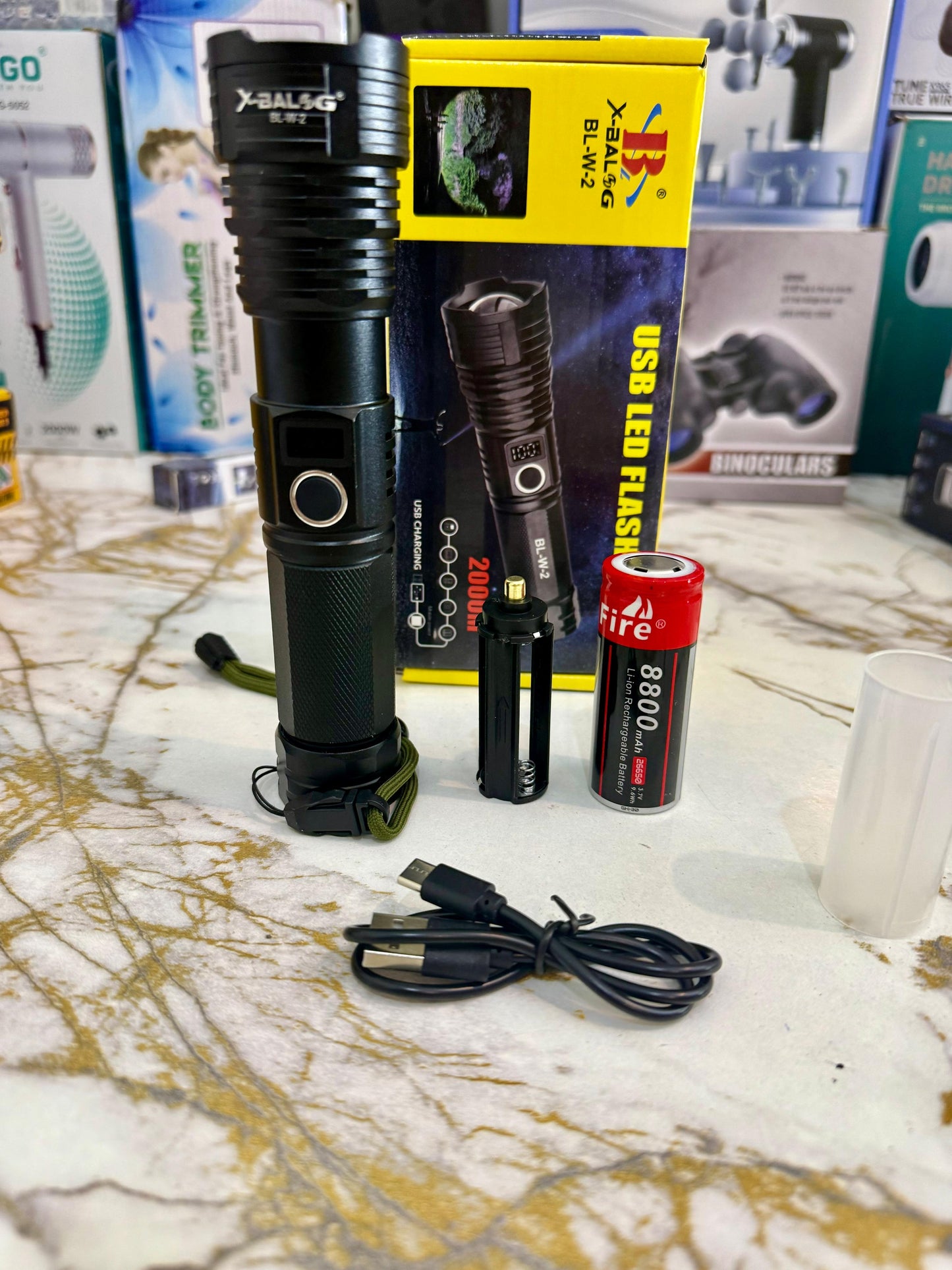 X-BALOG BL-W2 USB Rechargeable LED Flashlight – 2000M High Power Zoom Torch with 8800mAh Battery |