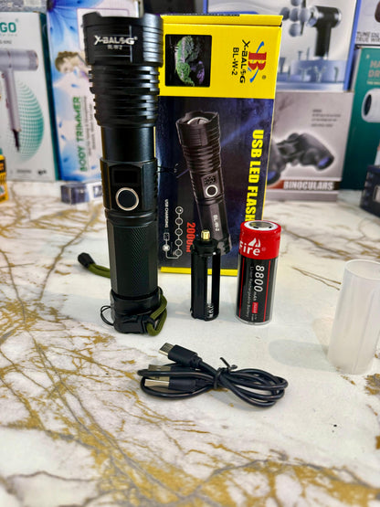 X-BALOG BL-W2 USB Rechargeable LED Flashlight – 2000M High Power Zoom Torch with 8800mAh Battery |