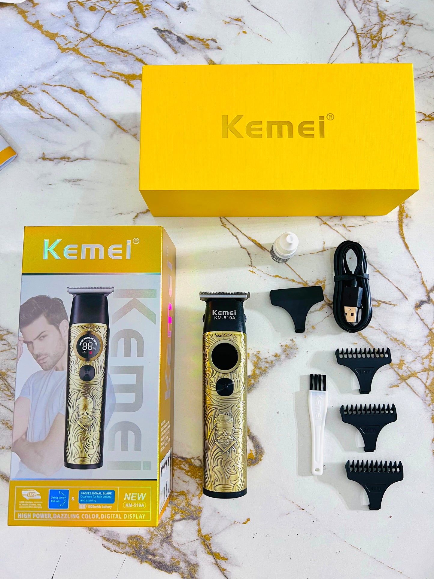 KEMEI KM-519A Dazzling Color Digital Display Hair Trimmer – 7200RPM with 1mm, 2mm & 3mm Combs