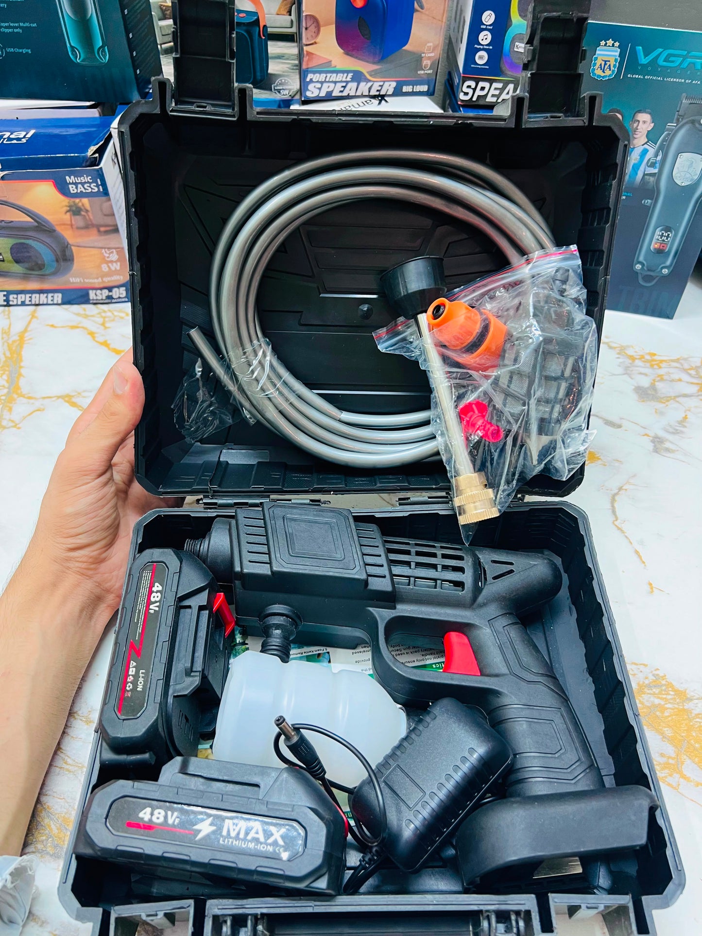Cordless Car Wash Spray Gun with 2×48V Lithium Batteries – High Pressure Foam Jet Washer with Charger & Soap Bottle | AwamiImport.com