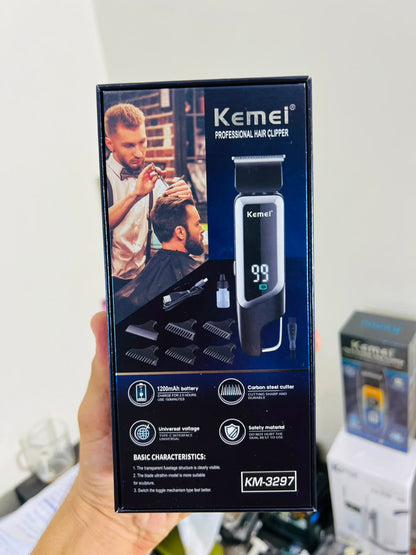 KEMEI KM-3297 Digital Display Hair Trimmer – Carbon Steel Cutter with 1mm, 2mm, 3mm, 4mm & 5mm Combs