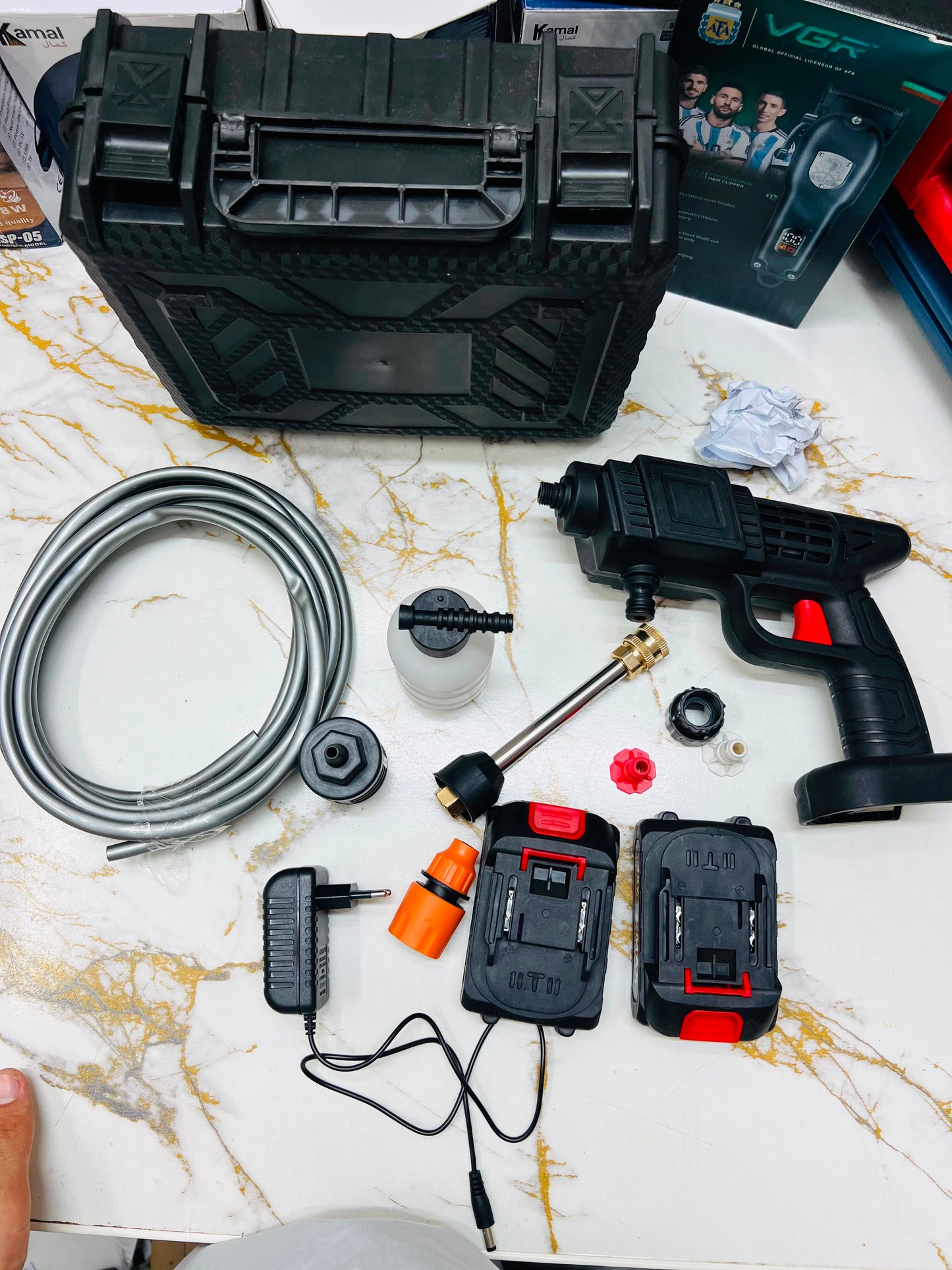 Cordless Car Wash Spray Gun with 2×48V Lithium Batteries – High Pressure Foam Jet Washer with Charger & Soap Bottle | AwamiImport.com