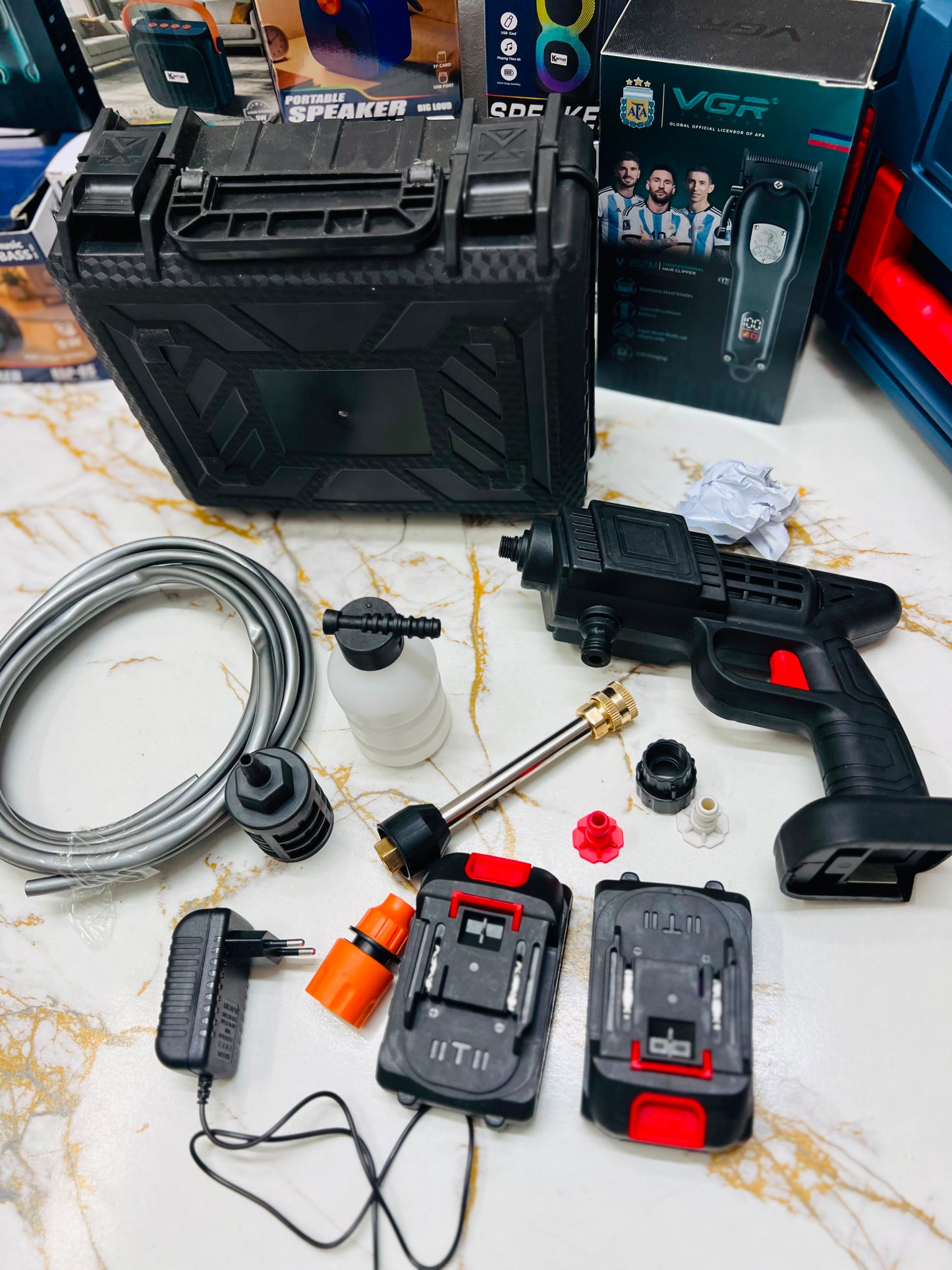 Cordless Car Wash Spray Gun with 2×48V Lithium Batteries – High Pressure Foam Jet Washer with Charger & Soap Bottle | AwamiImport.com