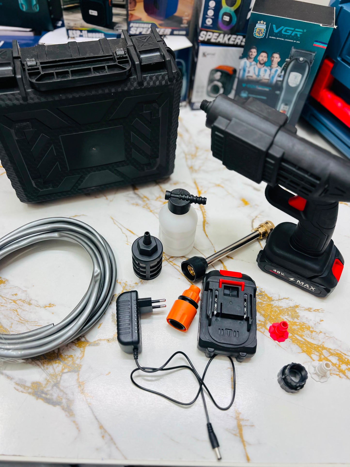 Cordless Car Wash Spray Gun with 2×48V Lithium Batteries – High Pressure Foam Jet Washer with Charger & Soap Bottle | AwamiImport.com