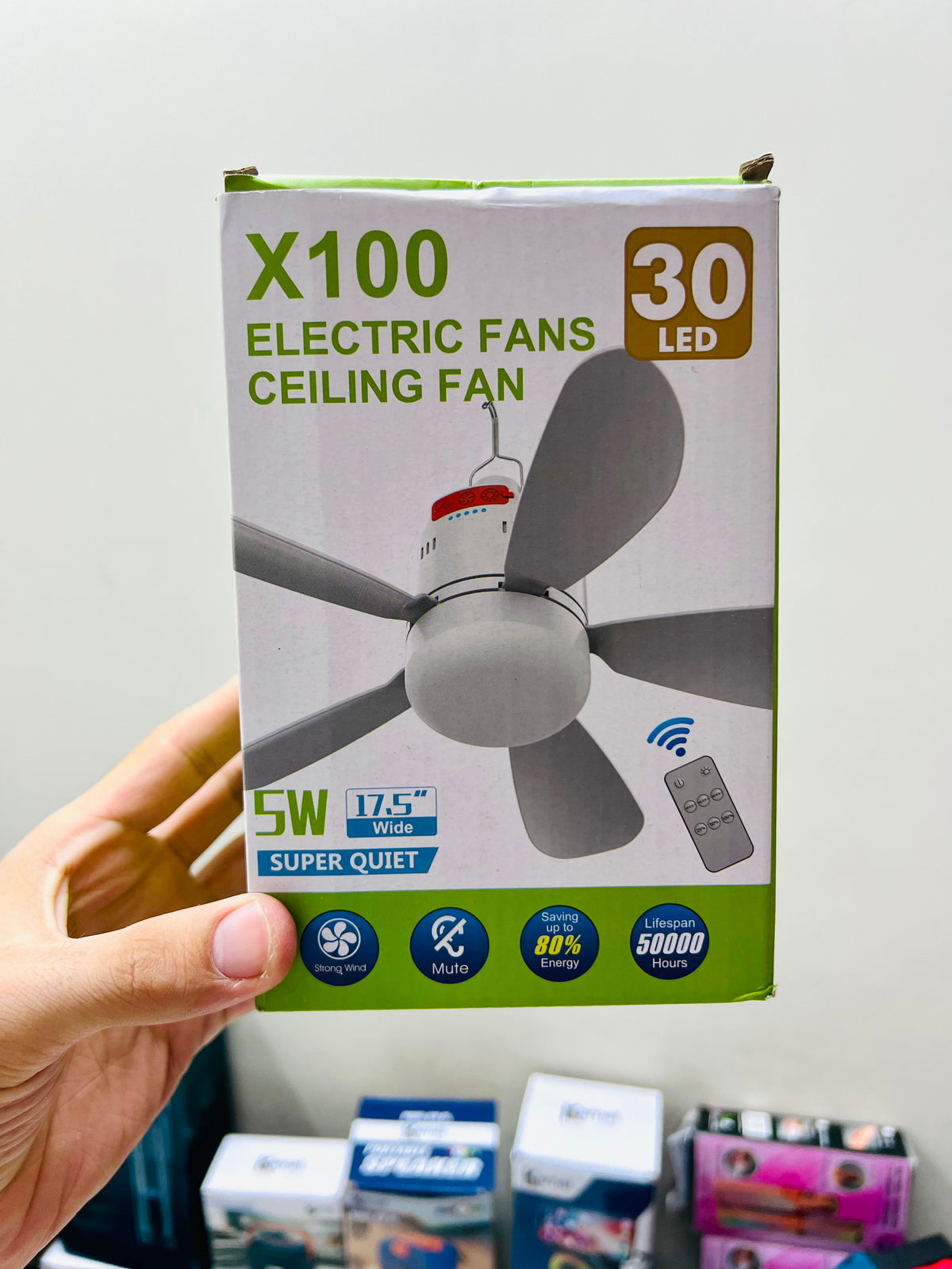 X100 Electric Ceiling Fan with 30 LED Lights & Remote Control 17.5 Wide | 3-Speed Rechargeable Ceiling Fan