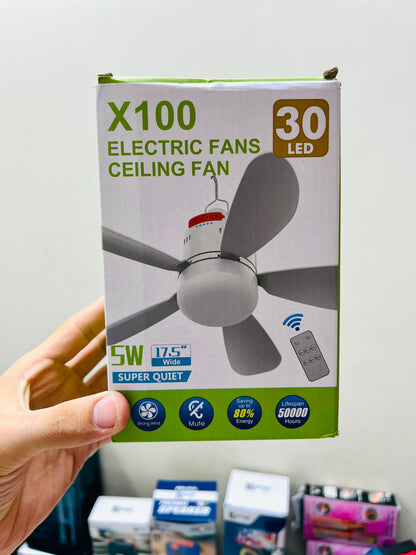 X100 Electric Ceiling Fan with 30 LED Lights & Remote Control 17.5 Wide | 3-Speed Rechargeable Ceiling Fan