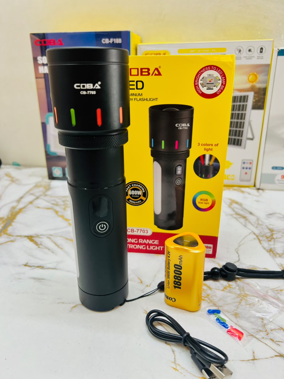 COBA CB-7703 600W LED Flashlight – 3000M Long-Range Aluminium Alloy Torch with 3-Color RGB Side Light