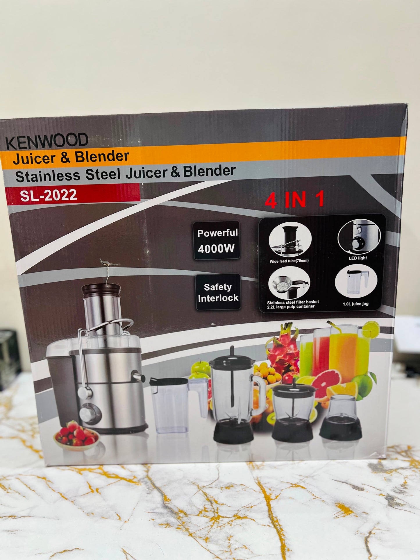 Kenwood SL-2022 4-in-1 Juicer Blender – 4000W, Stainless Steel, Glass Jug, Grinder & Chopper