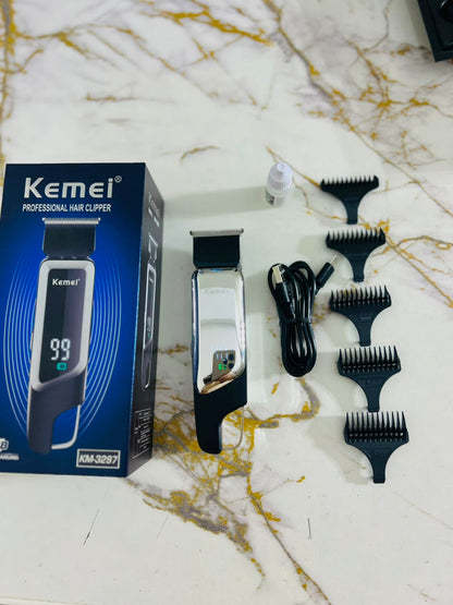 KEMEI KM-3297 Digital Display Hair Trimmer – Carbon Steel Cutter with 1mm, 2mm, 3mm, 4mm & 5mm Combs