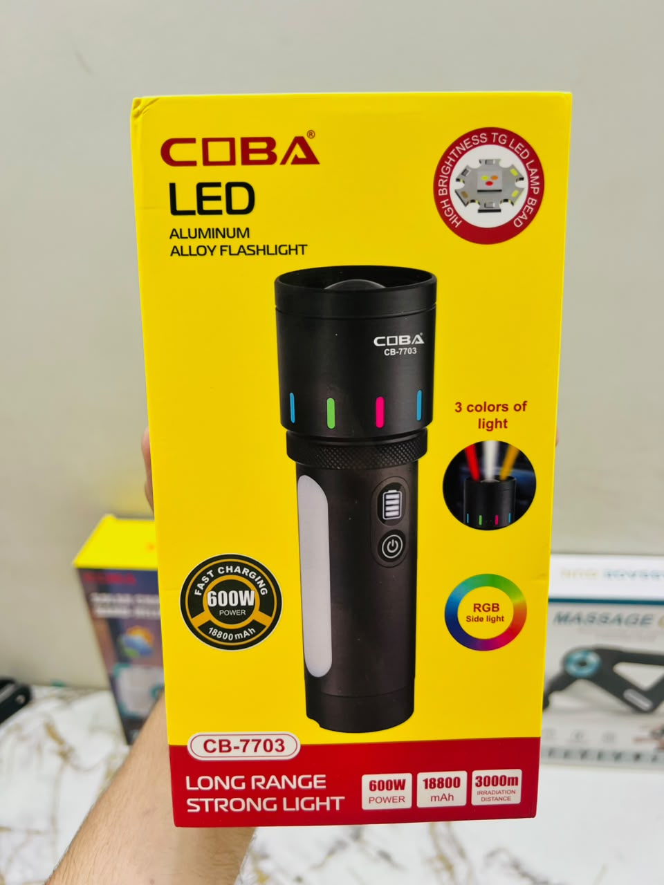 COBA CB-7703 600W LED Flashlight – 3000M Long-Range Aluminium Alloy Torch with 3-Color RGB Side Light