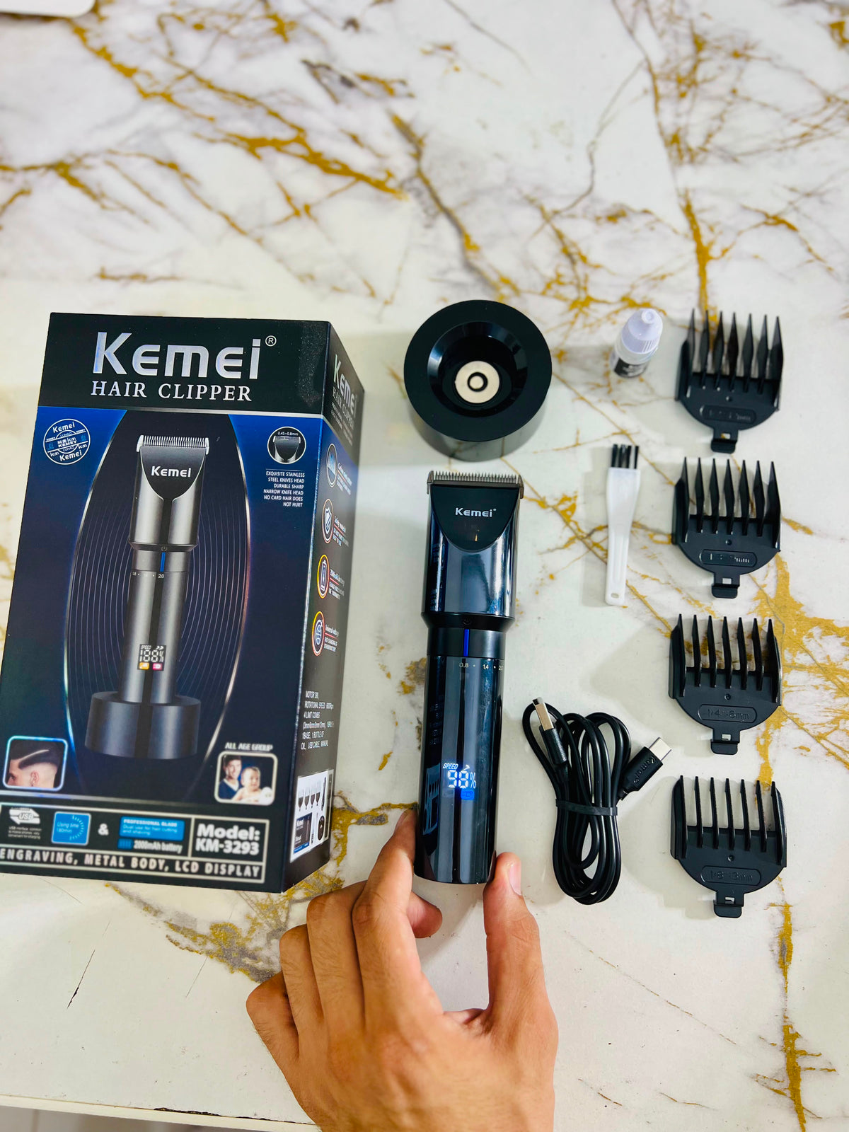KEMEI KM3293 Metal Body Digital Display Hair Trimmer – 6800RPM with 3mm, 6mm, 9mm & 12mm Guide Combs