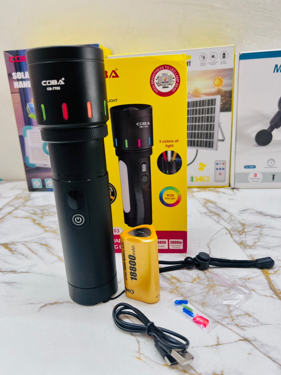 COBA CB-7703 600W LED Flashlight – 3000M Long-Range Aluminium Alloy Torch with 3-Color RGB Side Light