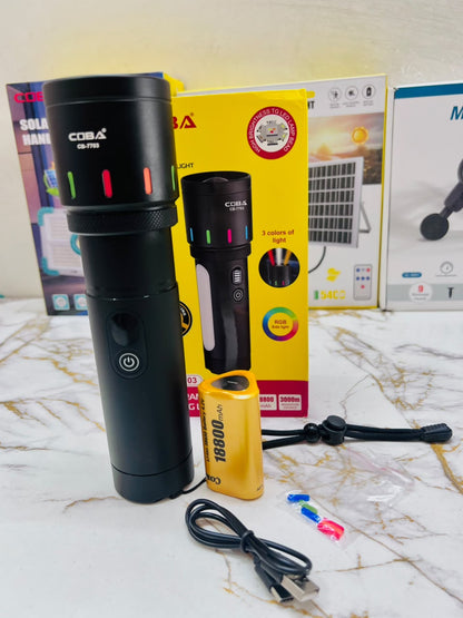 COBA CB-7703 600W LED Flashlight – 3000M Long-Range Aluminium Alloy Torch with 3-Color RGB Side Light
