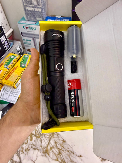 X-BALOG BL-W2 USB Rechargeable LED Flashlight – 2000M High Power Zoom Torch with 8800mAh Battery |